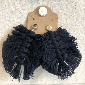 Navy and gold macrame earrings